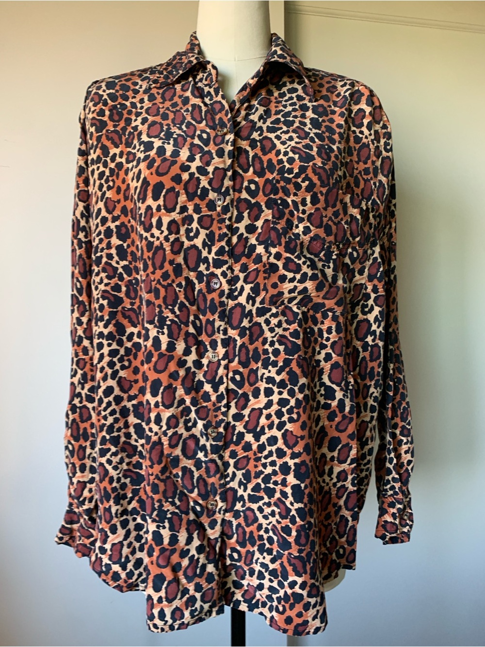 80’s Silk Cedars Leopard Print Button-Up Blouse in Brown & Black